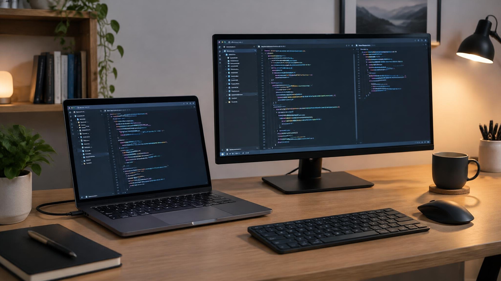 Laptop and monitor with code in a dark workspace